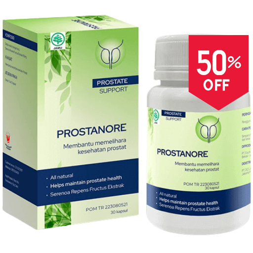 Botol Prostanore dengan label diskon 50 persen untuk dukungan kesehatan prostat