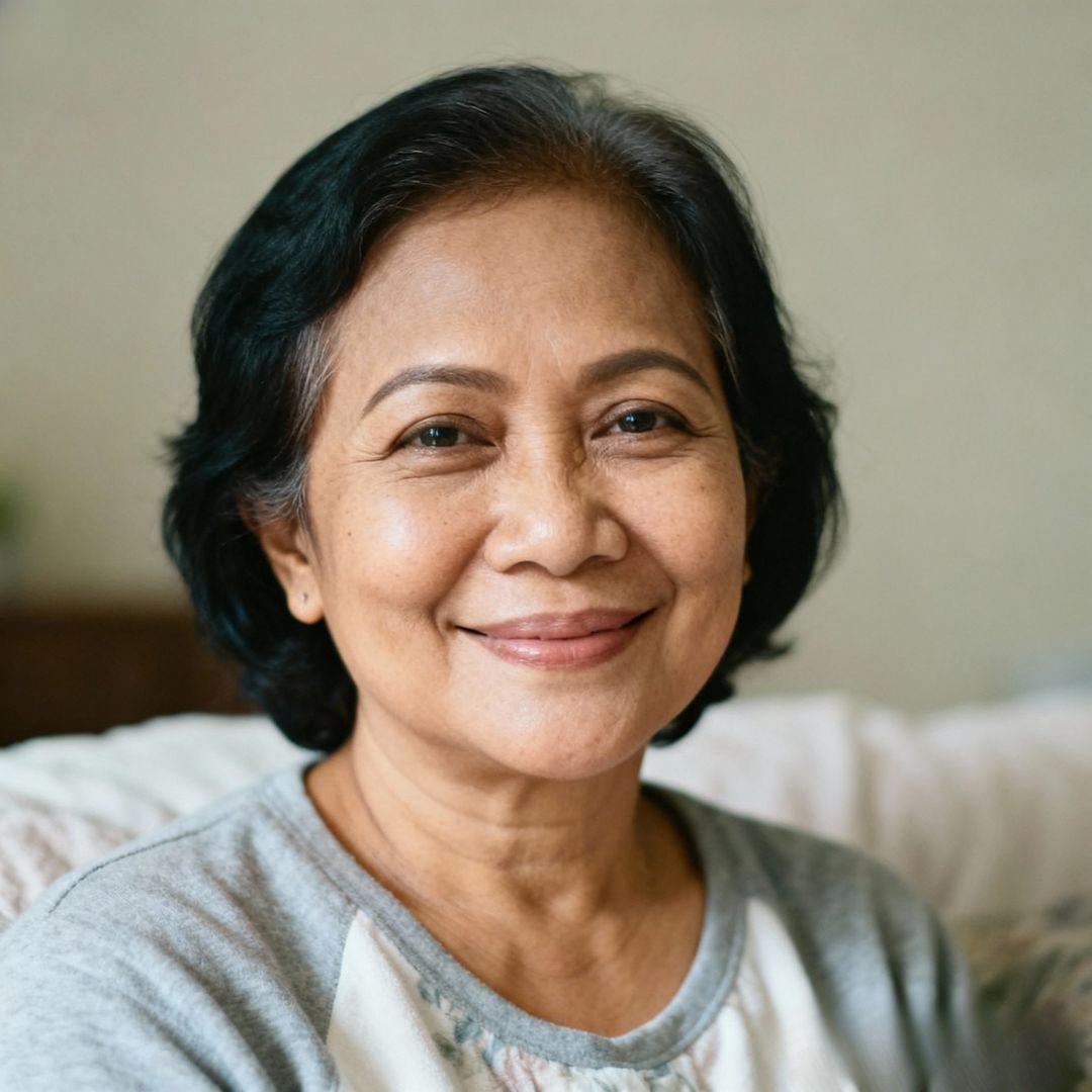 Wanita dewasa tersenyum dan terlihat sehat dalam suasana rumah